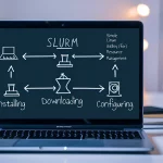 SLURM memory limit blog post image - A laptop screen showing a simplified flow diagram of the SLURM installation process, with arrows connecting steps such as downloading, configuring, and installing. The background features a clean workspace with soft lighting