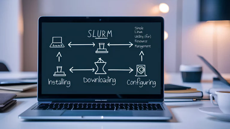 SLURM memory limit blog post image - A laptop screen showing a simplified flow diagram of the SLURM installation process, with arrows connecting steps such as downloading, configuring, and installing. The background features a clean workspace with soft lighting
